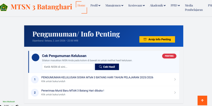 Diumumkan Melalui Website Madrasah, Kelulusan MTsN 3 Batang Hari Capai 100 Persen